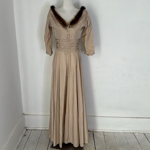 Vintage 50s Strapless Gown With Cropped Mink Trim Jacket - Picture 1 of 11